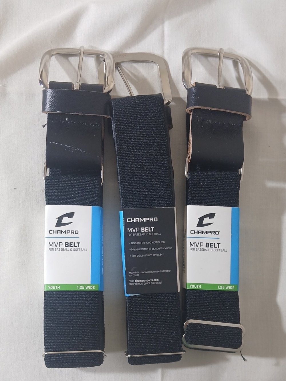 MVP Youth Elastic Belt in Black - Adjustable Baseball/Softball Set Of 3 Belts